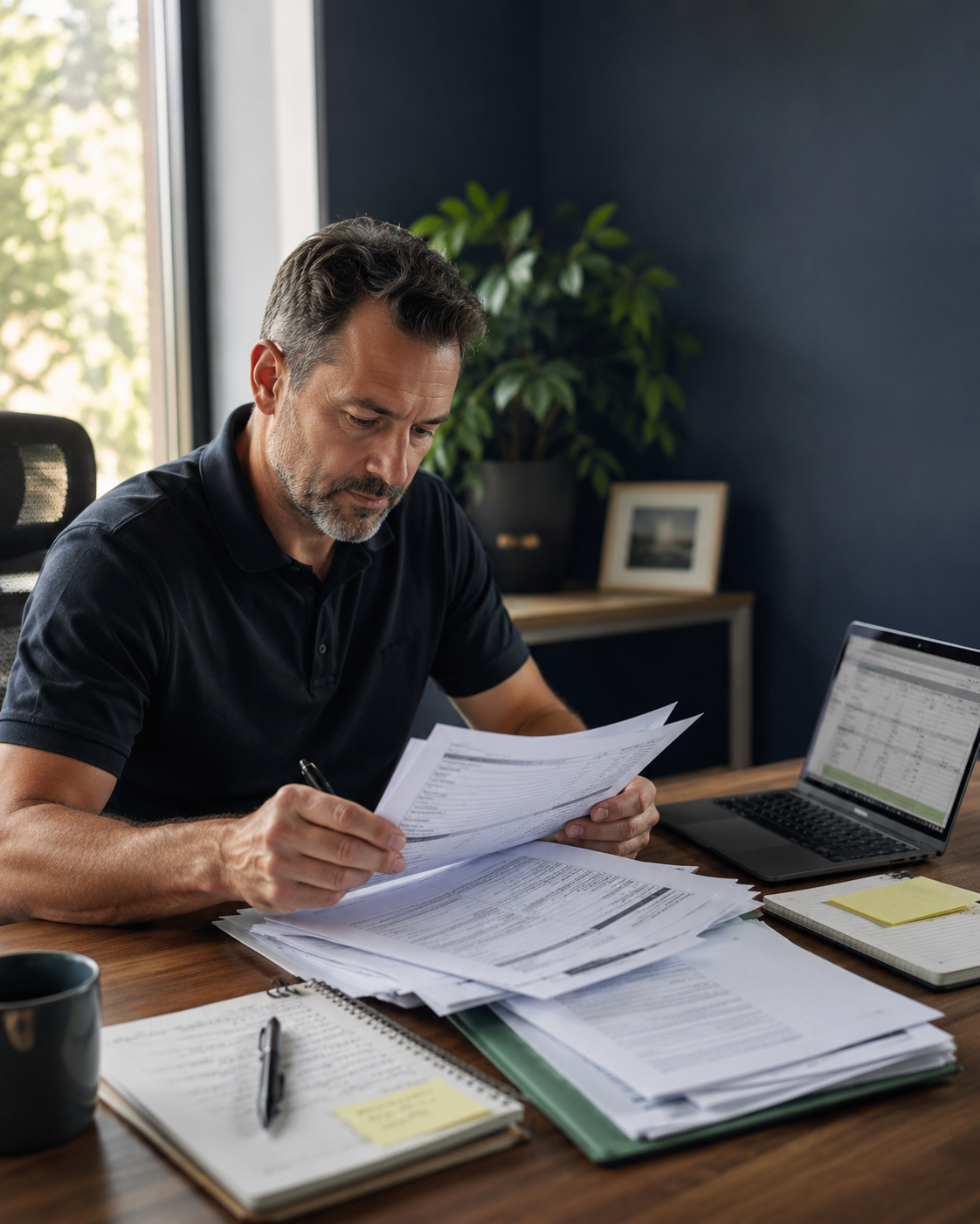Business owner reviewing old quotes and proposals at desk with laptop